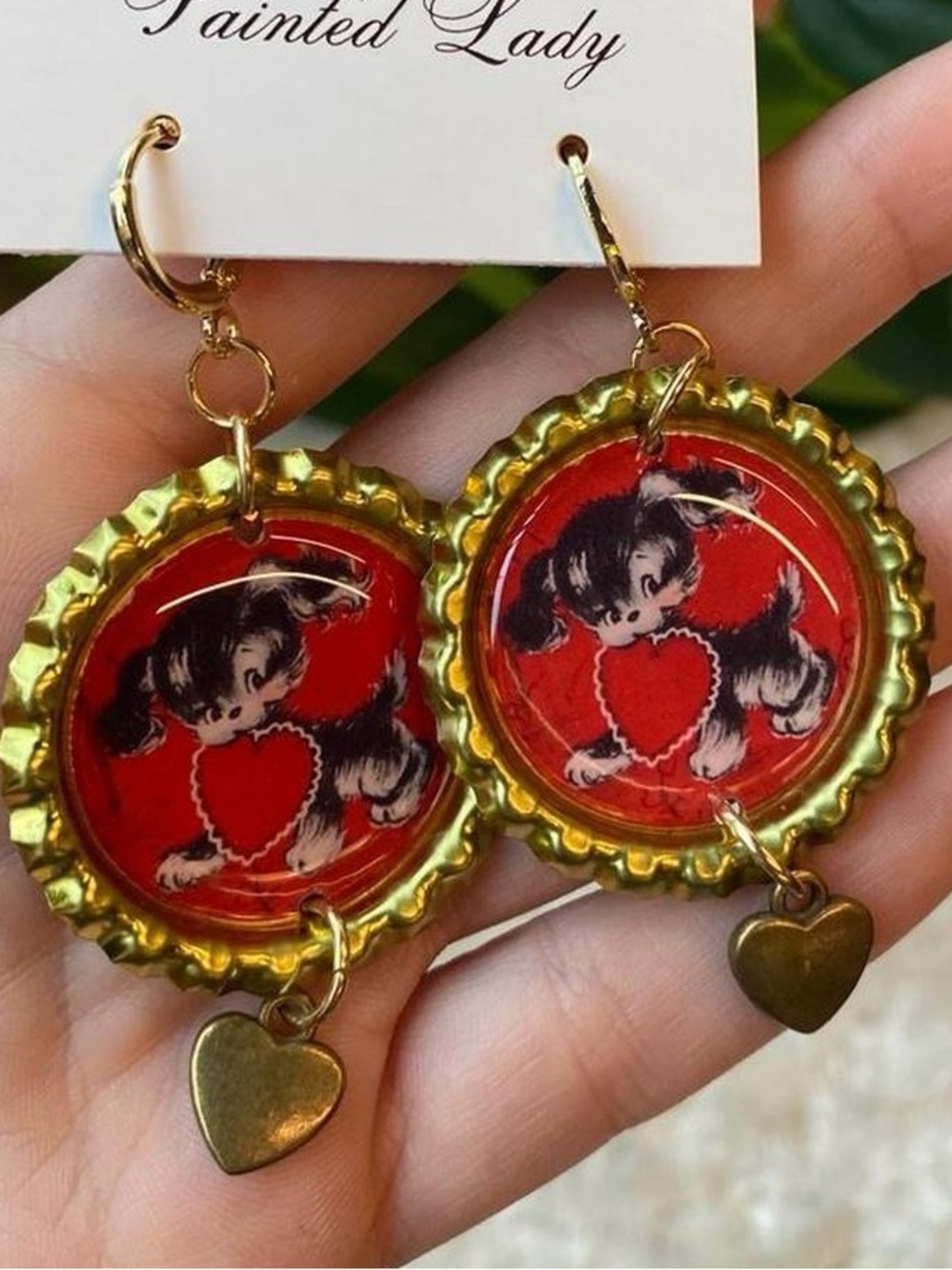 Handmade Retro Puppy Gold Bottle Cap Earrings